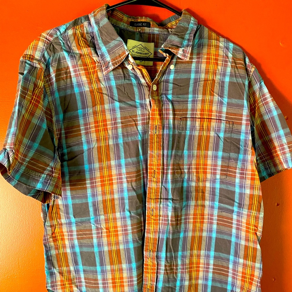 Plaid button up short sleeve shirt burnt orange, blue, grey